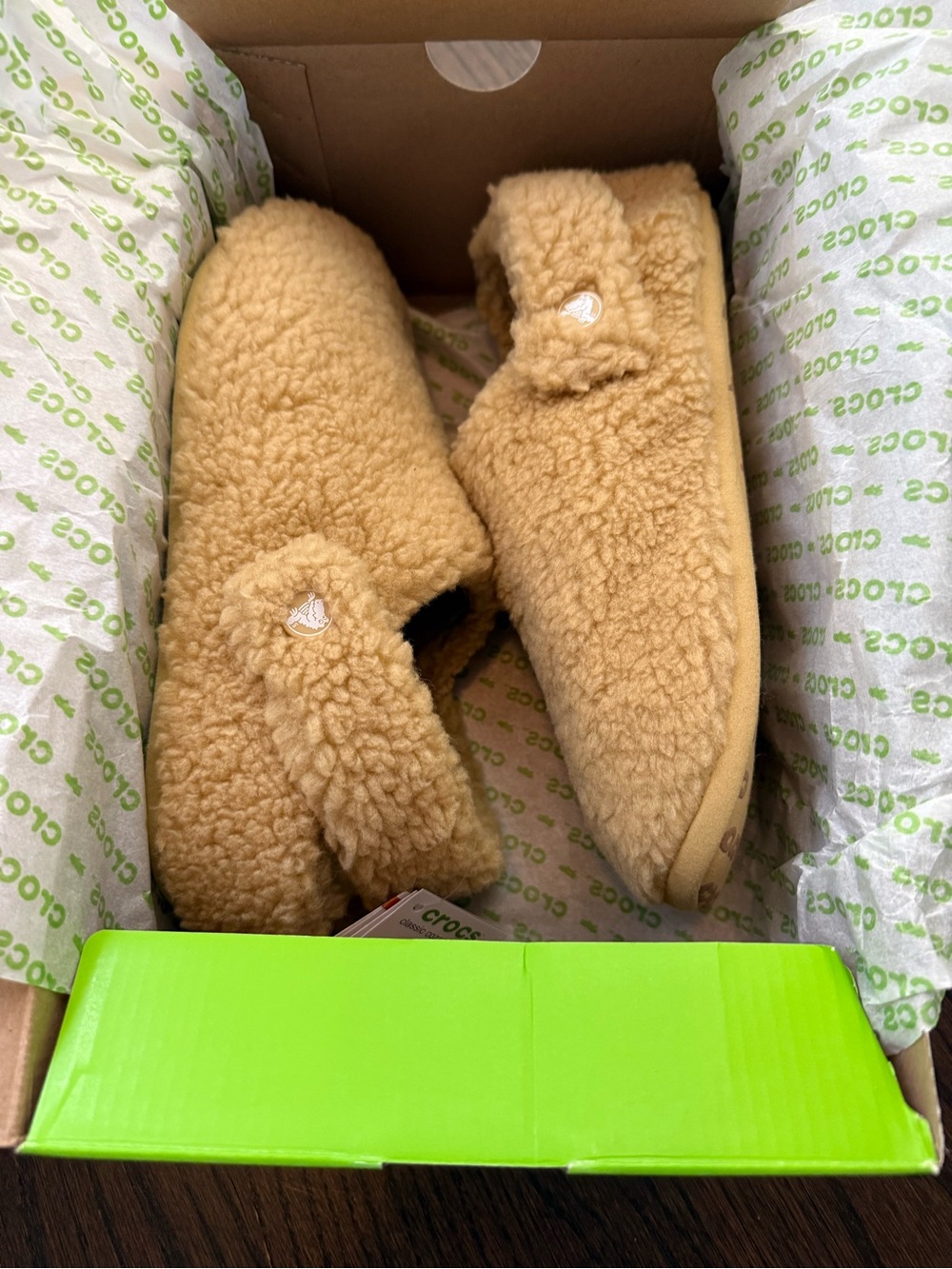 CROCS Sherpa Lined Slip-On Slippers in Tan